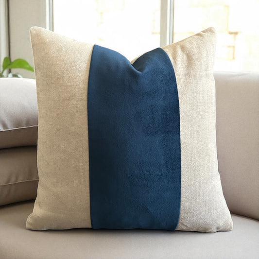 Navy Blue Linen Velvet Panel Pillow Cover