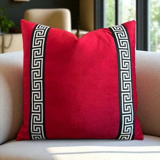 Red Velvet Pillow Cover with Greek Key Trim
