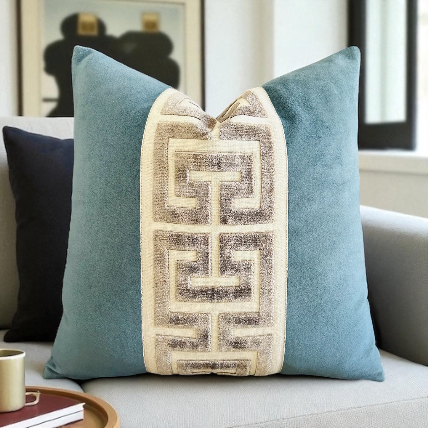 Azure Blue Velvet Pillow Cover with Greek Key Trim