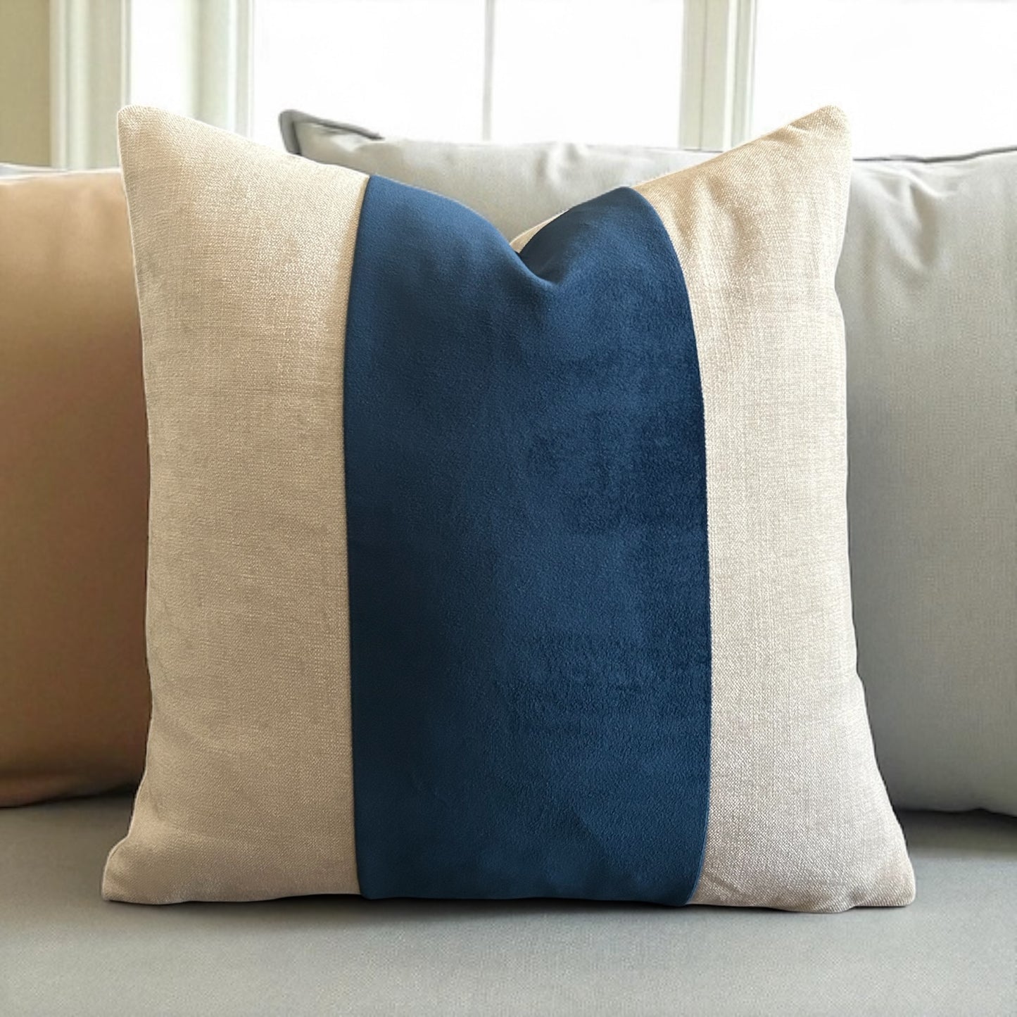 Navy Blue Linen Velvet Panel Pillow Cover