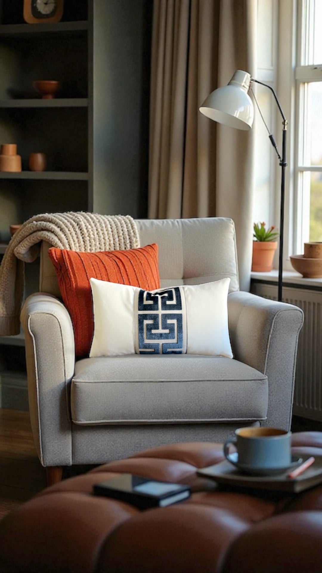 Cream Velvet Greek Key Trim Pillow