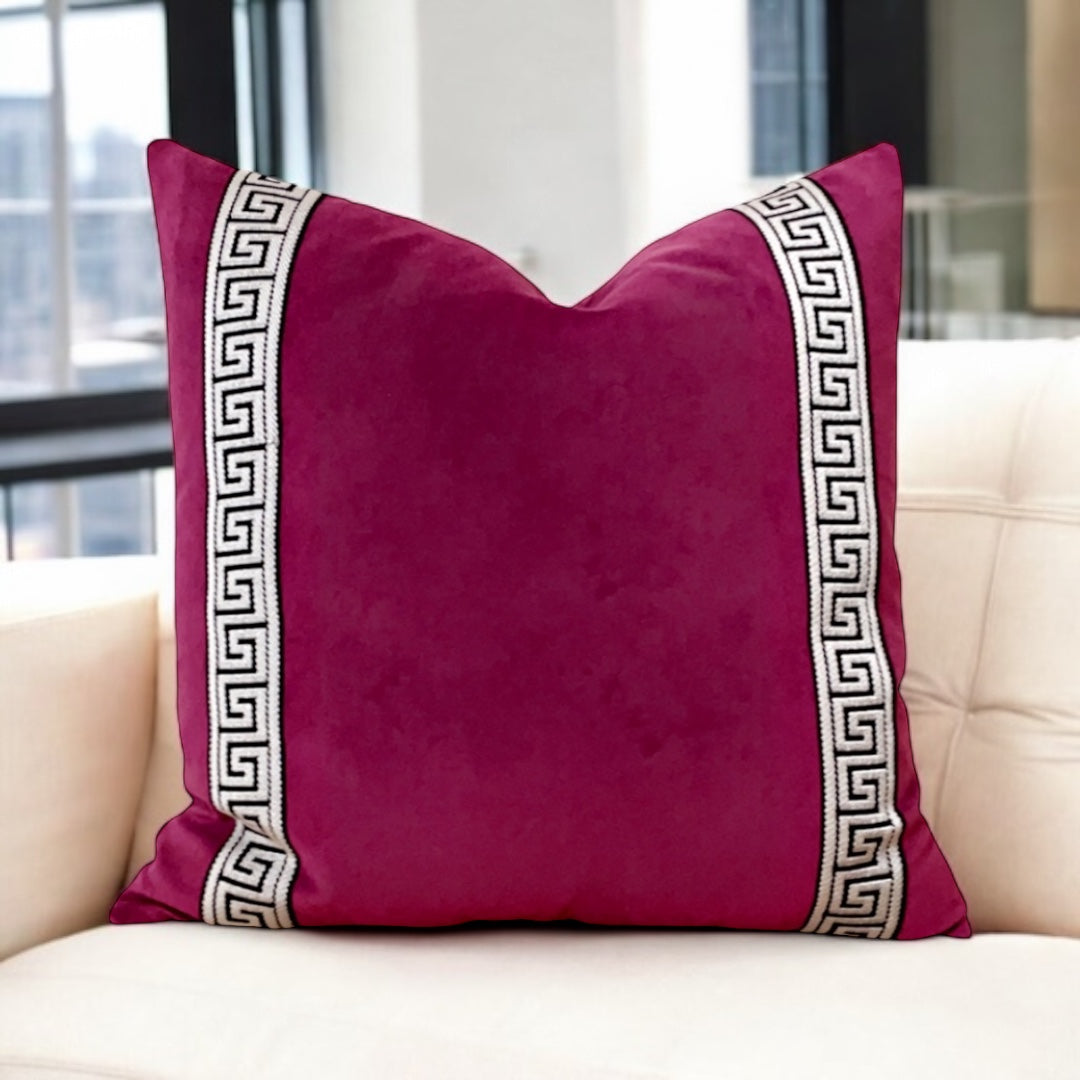 Magenta Velvet Pillow Cover with Greek Key Trim