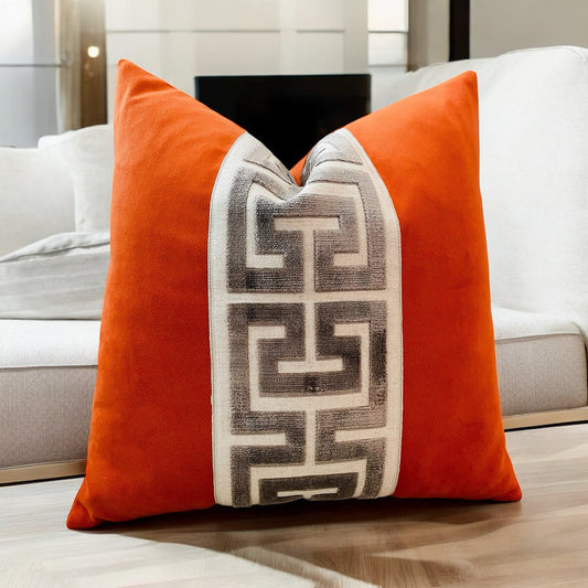 Orange Velvet Pillow Cover with Greek Key Trim