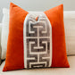 Orange Velvet Pillow Cover with Greek Key Trim