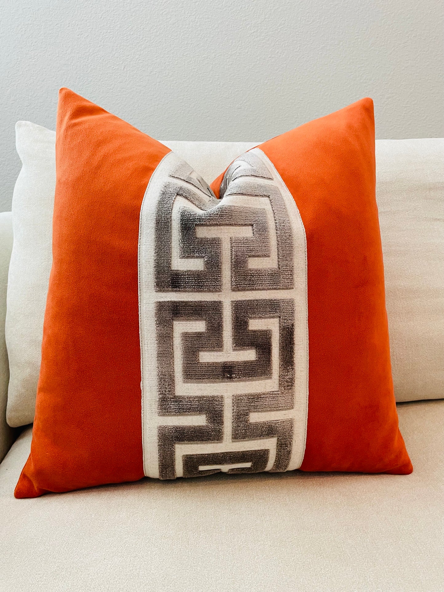 Orange Velvet Pillow Cover with Greek Key Trim