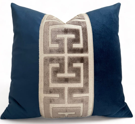 Navy Velvet Pillow Cover with Greek Key Trim