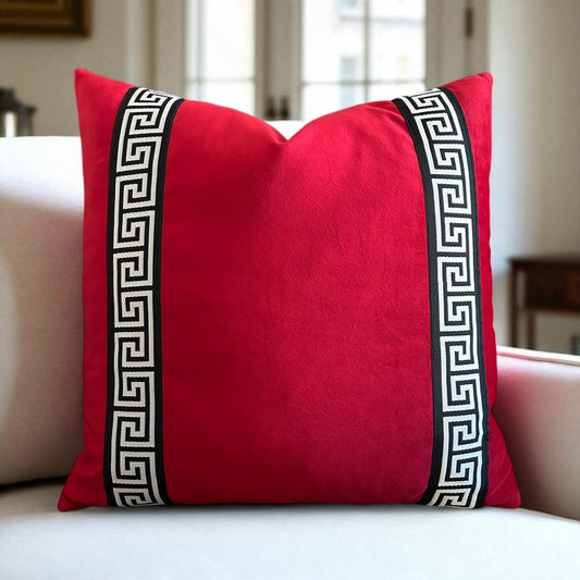 Red Velvet Pillow Cover with Greek Key Trim