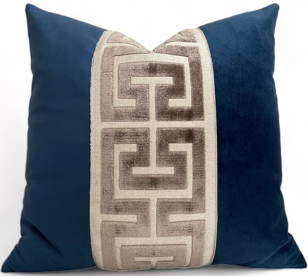 Navy Velvet Pillow Cover with Greek Key Trim