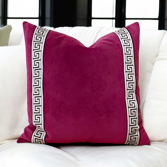 Magenta Velvet Pillow Cover with Greek Key Trim