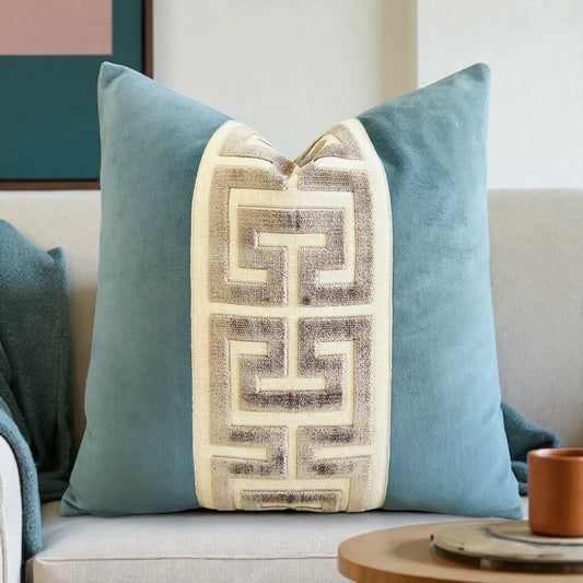Azure Blue Velvet Pillow Cover with Greek Key Trim