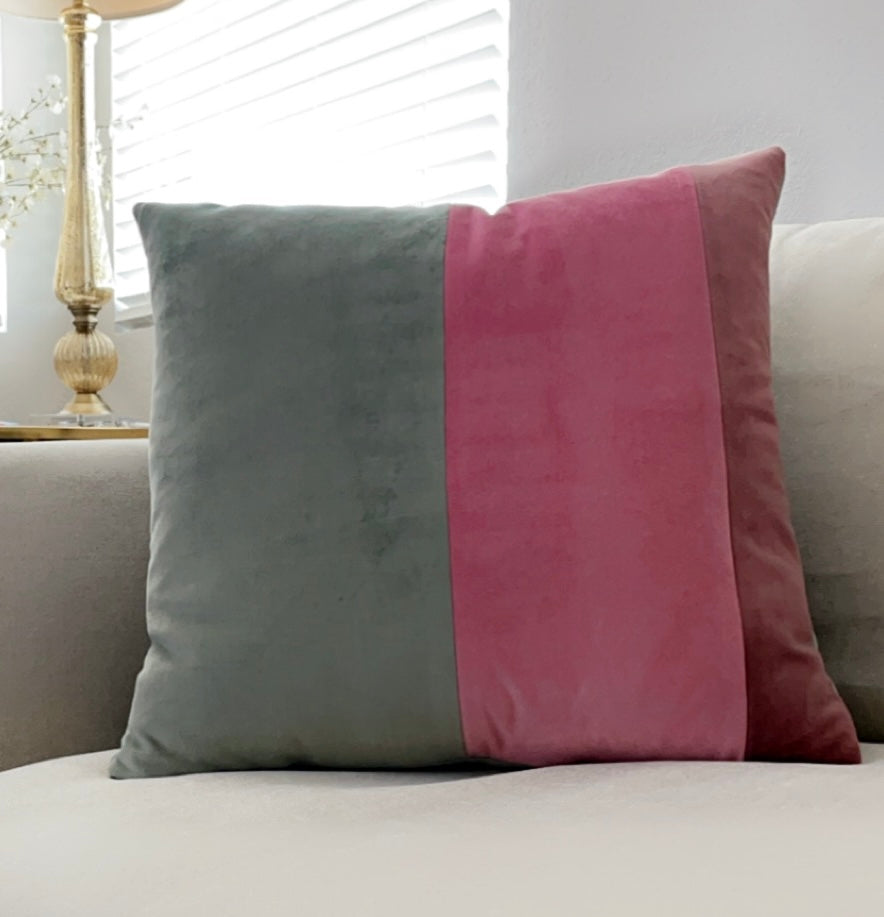 Bubble Gum Pink and Moss Green Velvet Throw Pillow Cover