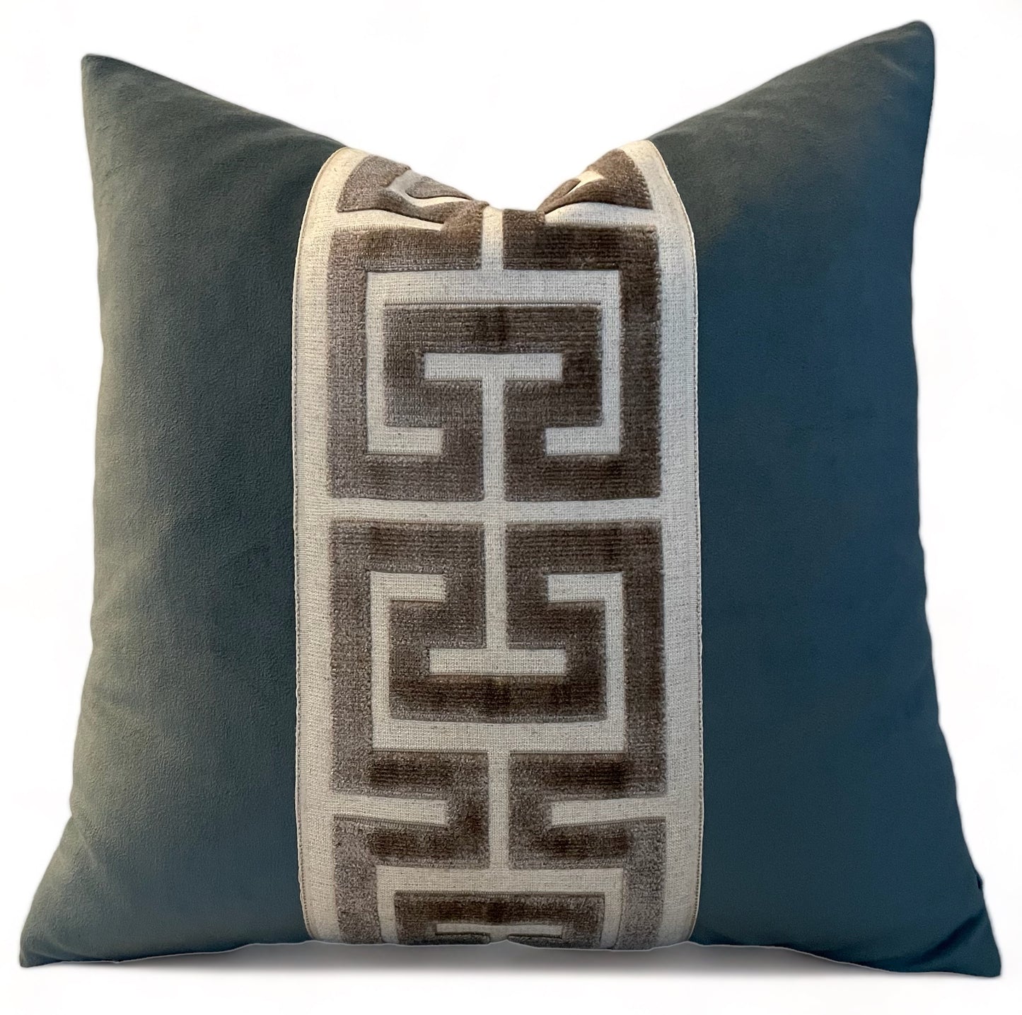 Azure Blue Velvet Pillow Cover with Greek Key Trim