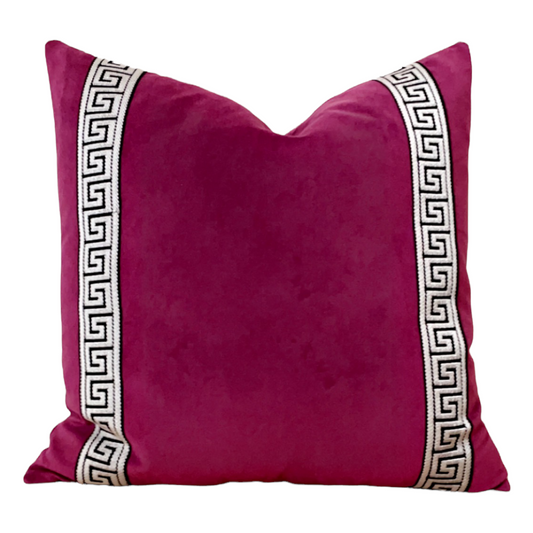 Fushia Velvet Pillow Cover with Greek Key Trim
