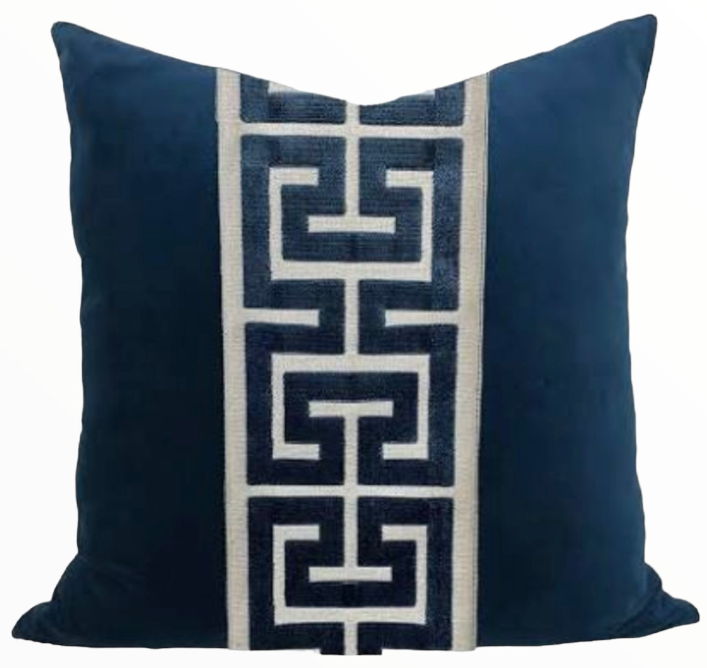Navy Blue Velvet Pillow Cover with Greek Key Trim